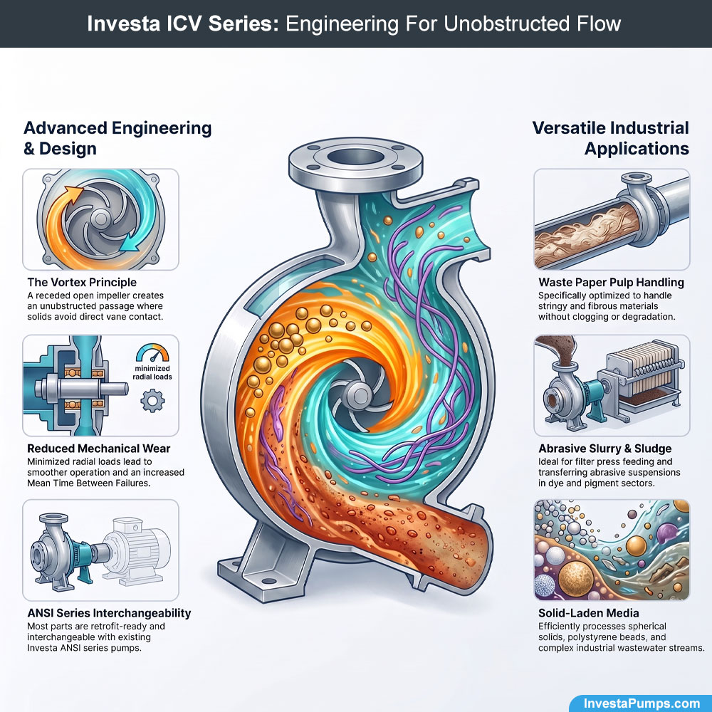Technical infographic for Investa ICV Series non-clog pumps explaining the Vortex Principle and industrial applications