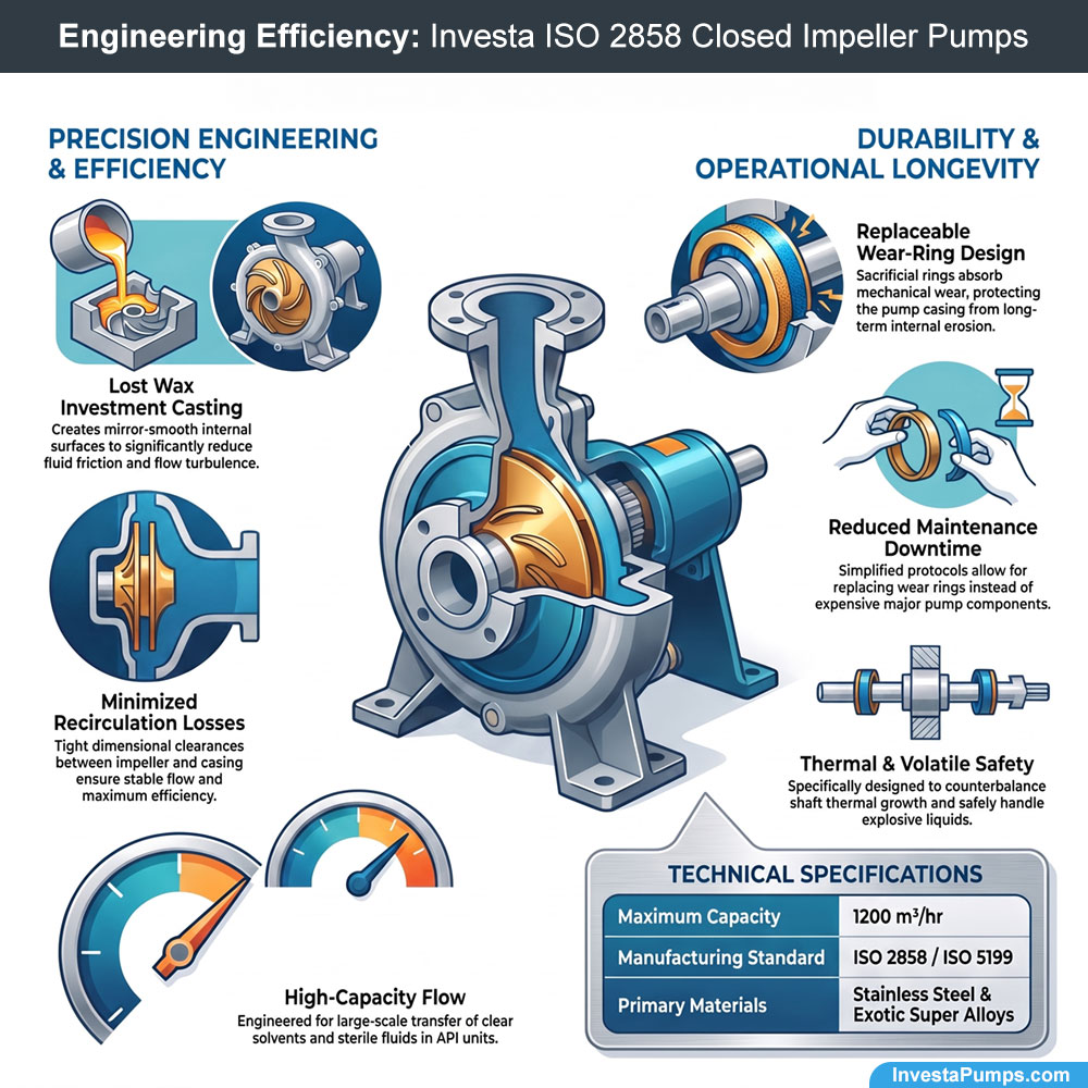Technical infographic for Investa ISO 2858 closed impeller pumps highlighting lost wax investment casting and replaceable wear rings