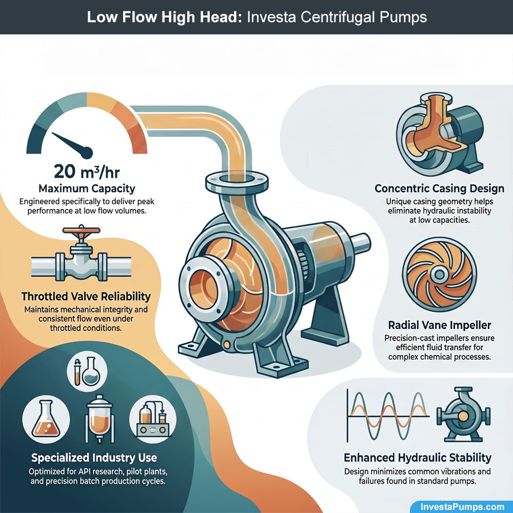 Technical infographic for Investa Low Flow High Head centrifugal pumps highlighting concentric casing and radial vane impeller design