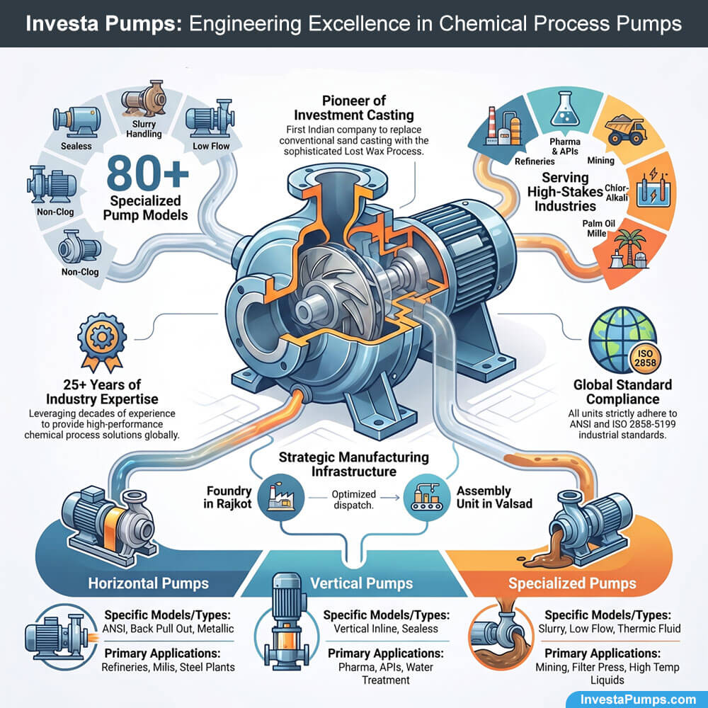 Overview infographic of Investa Pumps chemical process solutions, manufacturing infrastructure, and specialized pump models